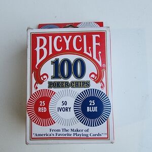Bicycle Poker Chips Pack of 100~25 Red 50 Ivory 25 Blue Plastic/Washable/Casino